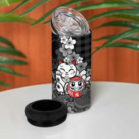 Black Palaka Hawaiian And Japanese 4 in 1 Can Cooler Tumbler Maneki Neko And Sakura Bloom