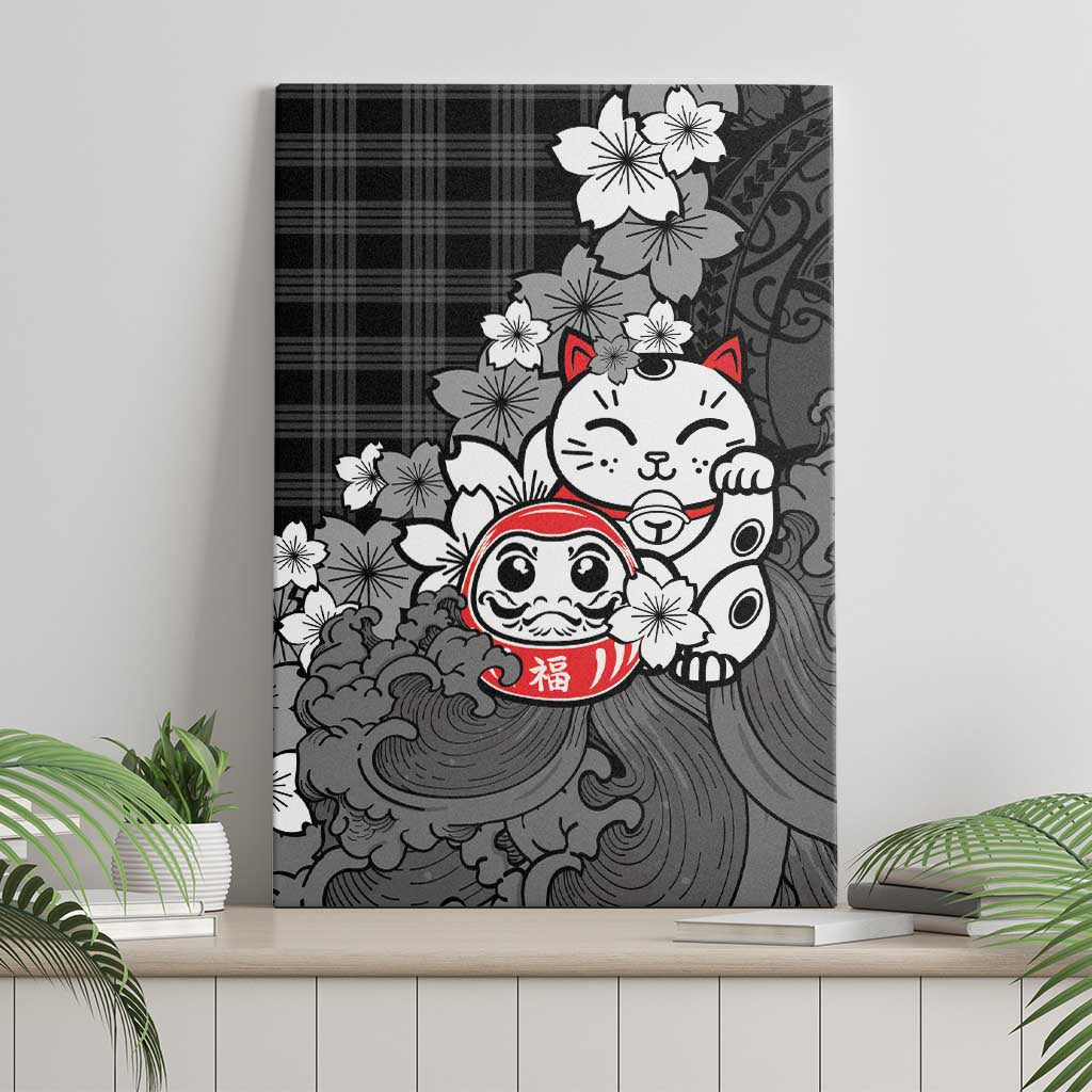 Black Palaka Hawaiian And Japanese Canvas Wall Art Maneki Neko And Sakura Bloom