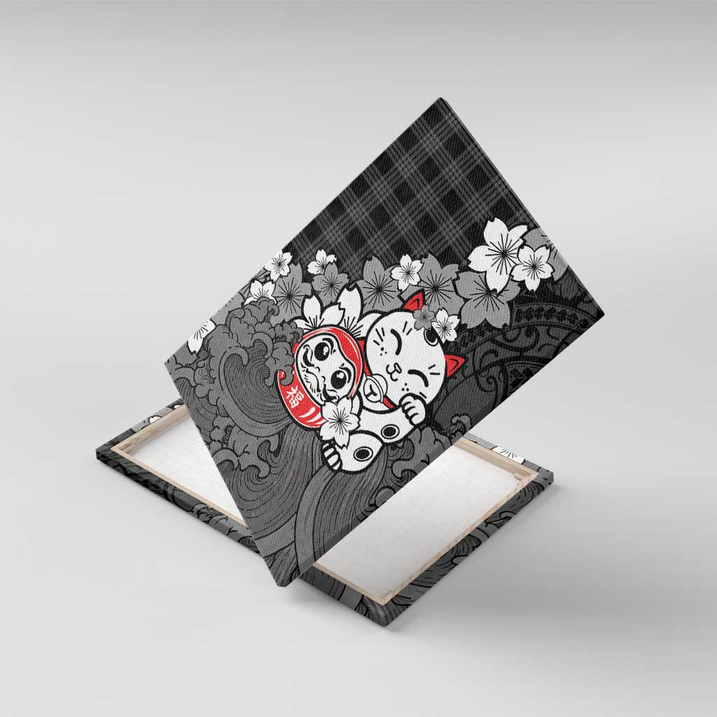 Black Palaka Hawaiian And Japanese Canvas Wall Art Maneki Neko And Sakura Bloom