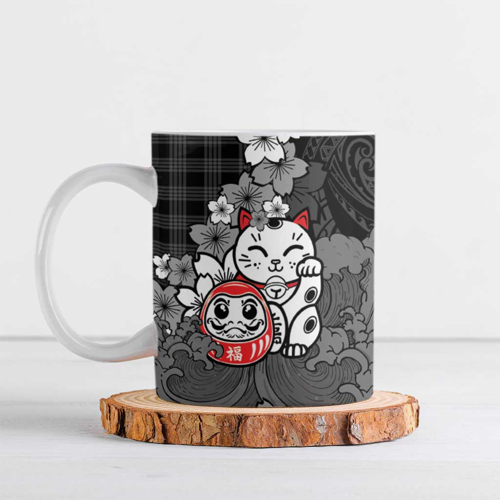 Black Palaka Hawaiian And Japanese Ceramic Mug Maneki Neko And Sakura Bloom
