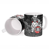 Black Palaka Hawaiian And Japanese Ceramic Mug Maneki Neko And Sakura Bloom