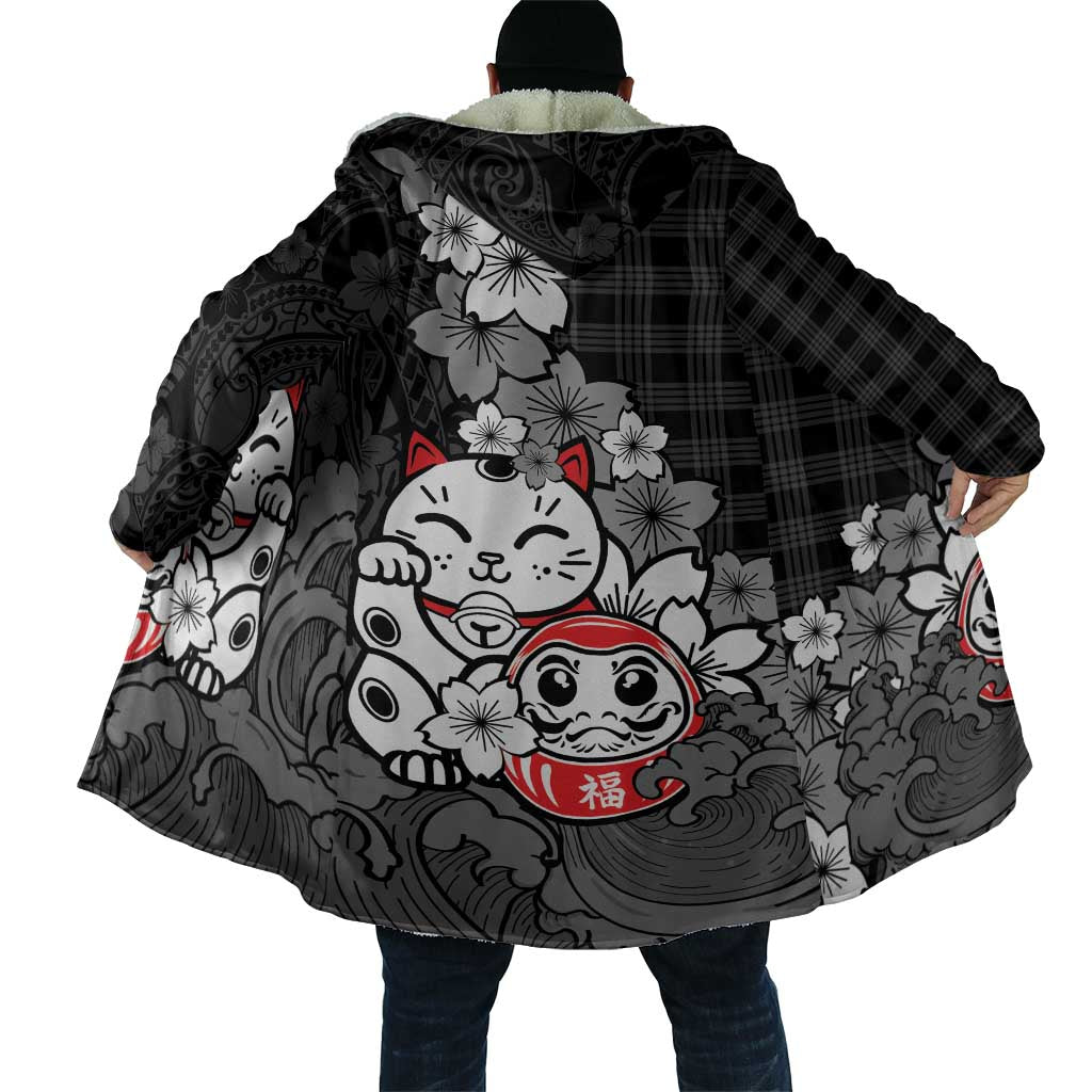 Black Palaka Hawaiian And Japanese Cloak Maneki Neko And Sakura Bloom