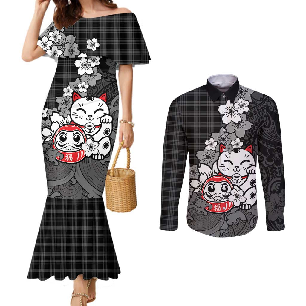 Black Palaka Hawaiian And Japanese Couples Matching Mermaid Dress and Long Sleeve Button Shirt Maneki Neko And Sakura Bloom