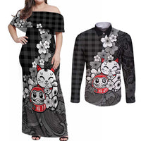 Black Palaka Hawaiian And Japanese Couples Matching Off Shoulder Maxi Dress and Long Sleeve Button Shirt Maneki Neko And Sakura Bloom