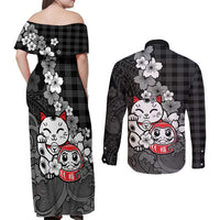 Black Palaka Hawaiian And Japanese Couples Matching Off Shoulder Maxi Dress and Long Sleeve Button Shirt Maneki Neko And Sakura Bloom