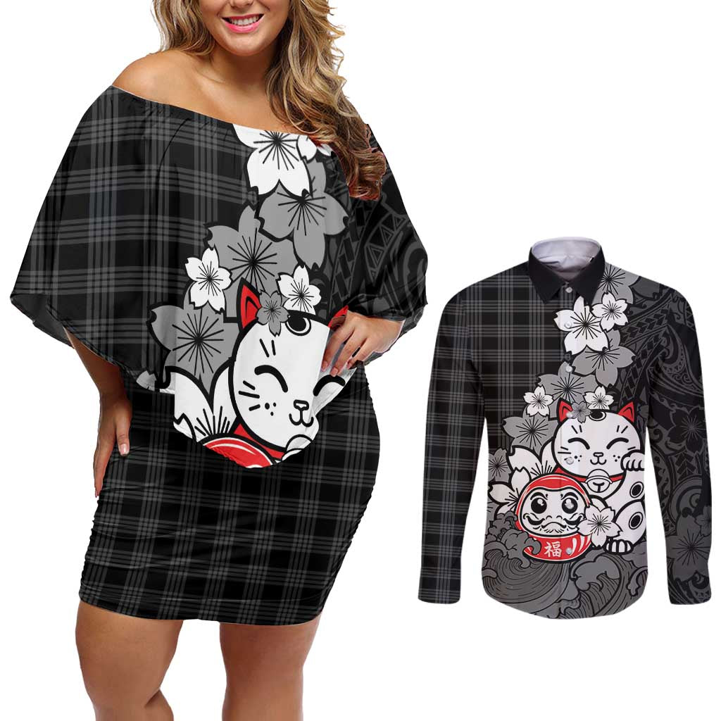 Black Palaka Hawaiian And Japanese Couples Matching Off Shoulder Short Dress and Long Sleeve Button Shirt Maneki Neko And Sakura Bloom