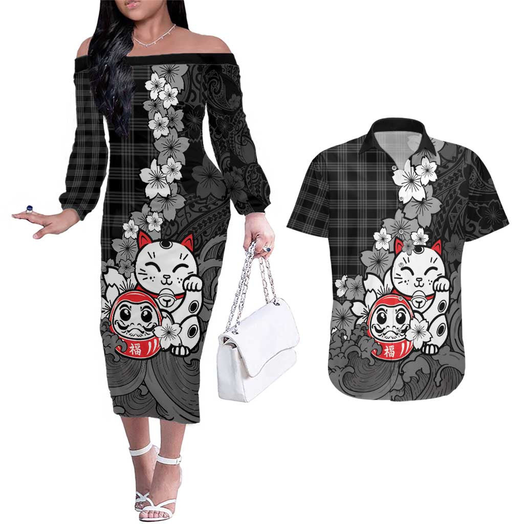 Black Palaka Hawaiian And Japanese Couples Matching Off The Shoulder Long Sleeve Dress and Hawaiian Shirt Maneki Neko And Sakura Bloom