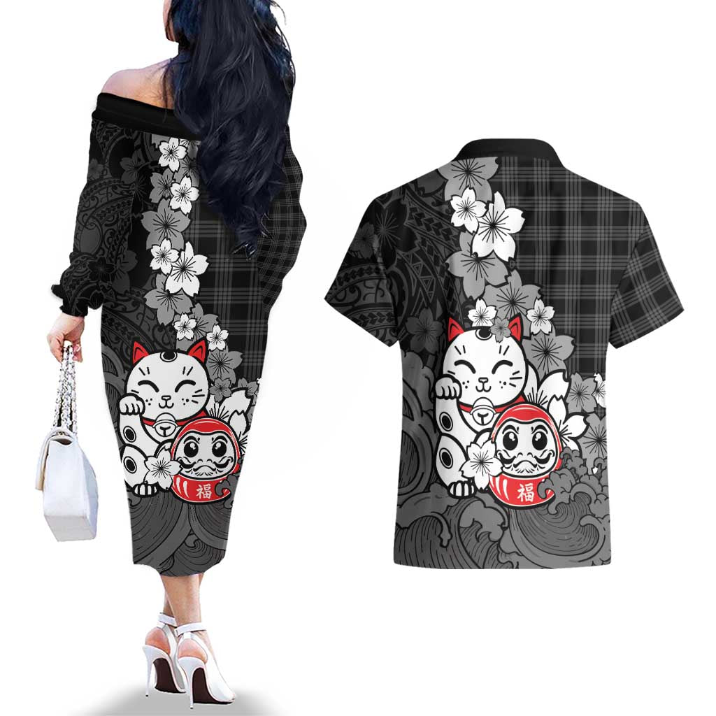 Black Palaka Hawaiian And Japanese Couples Matching Off The Shoulder Long Sleeve Dress and Hawaiian Shirt Maneki Neko And Sakura Bloom DT05 - Polynesian Pride