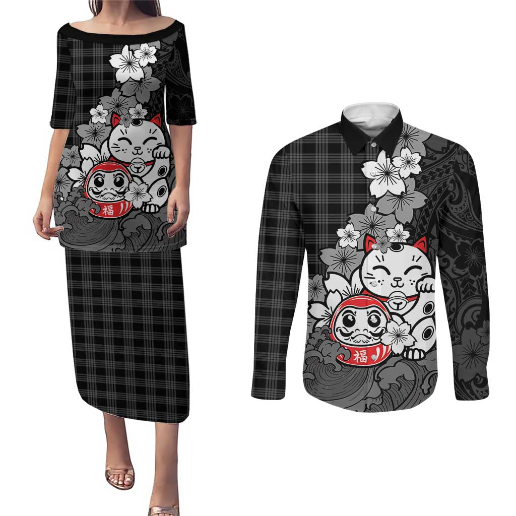 Black Palaka Hawaiian And Japanese Couples Matching Puletasi and Long Sleeve Button Shirt Maneki Neko And Sakura Bloom