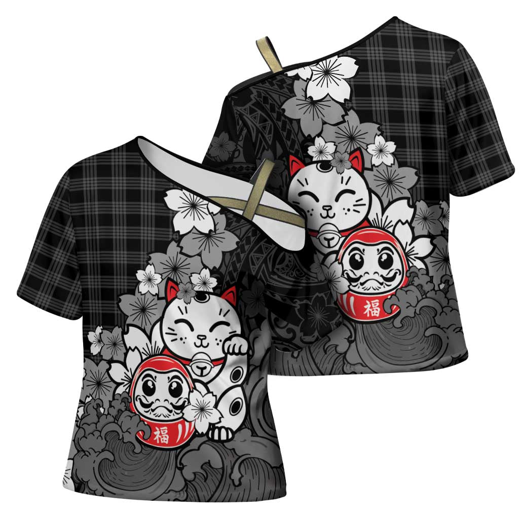 Black Palaka Hawaiian And Japanese Cross Shoulder Shirt Maneki Neko And Sakura Bloom