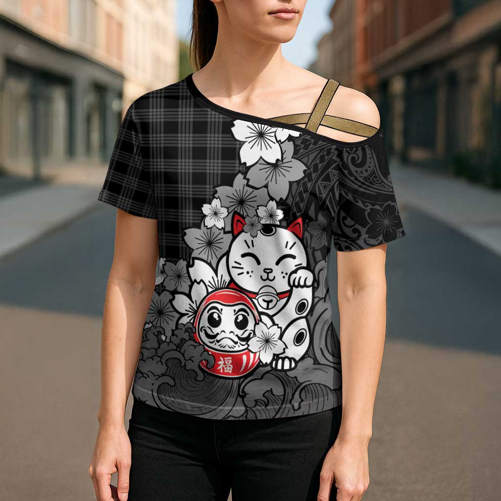Black Palaka Hawaiian And Japanese Cross Shoulder Shirt Maneki Neko And Sakura Bloom