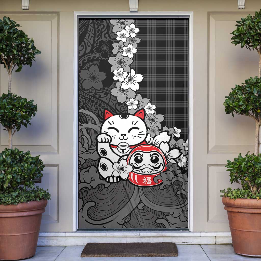 Black Palaka Hawaiian And Japanese Door Cover Maneki Neko And Sakura Bloom