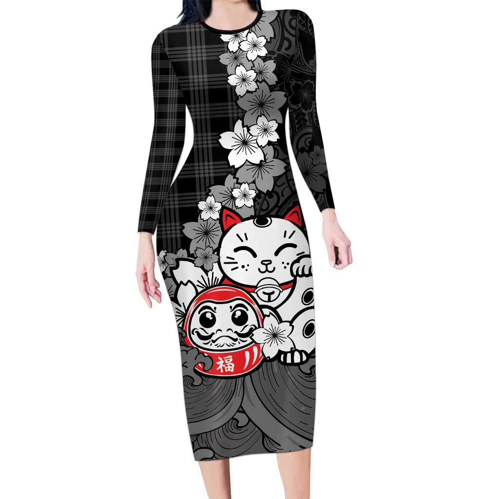 Black Palaka Hawaiian And Japanese Family Matching Long Sleeve Bodycon Dress and Hawaiian Shirt Maneki Neko And Sakura Bloom DT05 Mom's Dress Black - Polynesian Pride