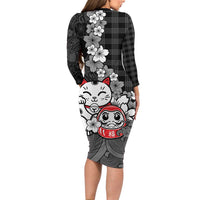 Black Palaka Hawaiian And Japanese Family Matching Long Sleeve Bodycon Dress and Hawaiian Shirt Maneki Neko And Sakura Bloom DT05 - Polynesian Pride
