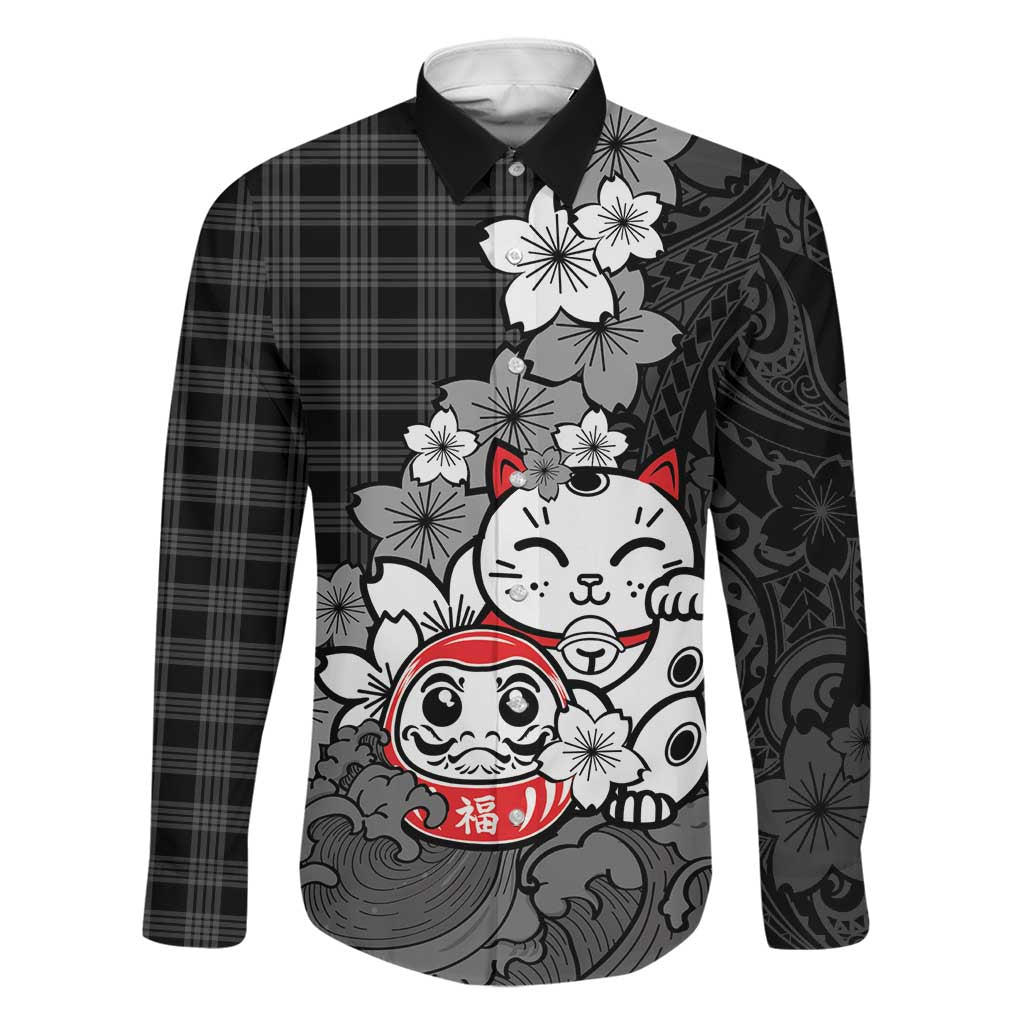 Black Palaka Hawaiian And Japanese Family Matching Mermaid Dress and Hawaiian Shirt Maneki Neko And Sakura Bloom DT05 Dad's Shirt - Long Sleeve Black - Polynesian Pride