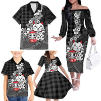 Black Palaka Hawaiian And Japanese Family Matching Off The Shoulder Long Sleeve Dress and Hawaiian Shirt Maneki Neko And Sakura Bloom DT05 - Polynesian Pride