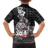 Black Palaka Hawaiian And Japanese Family Matching Off Shoulder Maxi Dress and Hawaiian Shirt Maneki Neko And Sakura Bloom DT05 - Polynesian Pride