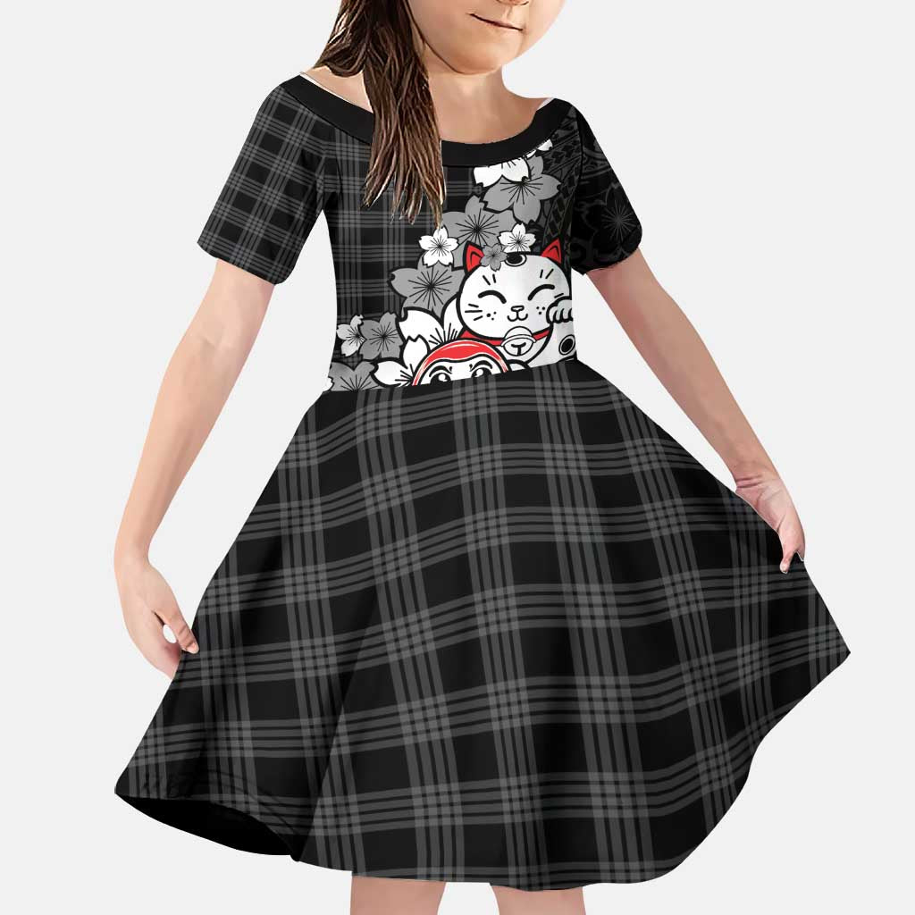 Black Palaka Hawaiian And Japanese Family Matching Off Shoulder Maxi Dress and Hawaiian Shirt Maneki Neko And Sakura Bloom DT05 Daughter's Dress Black - Polynesian Pride