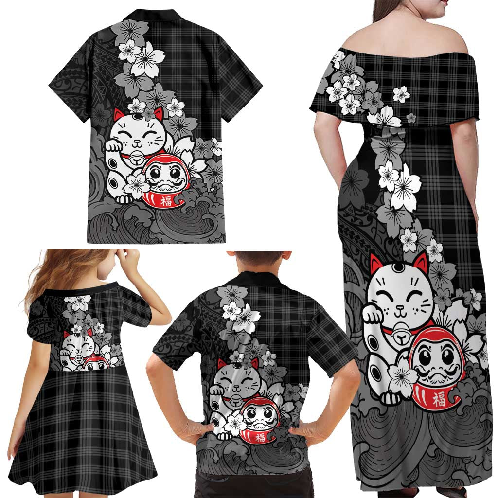 Black Palaka Hawaiian And Japanese Family Matching Off Shoulder Maxi Dress and Hawaiian Shirt Maneki Neko And Sakura Bloom DT05 - Polynesian Pride