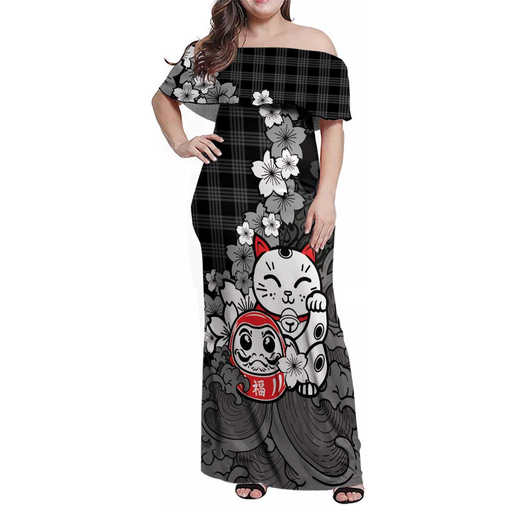 Black Palaka Hawaiian And Japanese Family Matching Off Shoulder Maxi Dress and Hawaiian Shirt Maneki Neko And Sakura Bloom DT05 Mom's Dress Black - Polynesian Pride