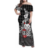 Black Palaka Hawaiian And Japanese Family Matching Off Shoulder Maxi Dress and Hawaiian Shirt Maneki Neko And Sakura Bloom DT05 Mom's Dress Black - Polynesian Pride