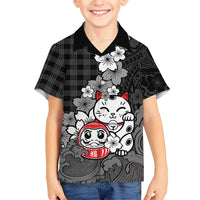 Black Palaka Hawaiian And Japanese Family Matching Off Shoulder Short Dress and Hawaiian Shirt Maneki Neko And Sakura Bloom DT05 Son's Shirt Black - Polynesian Pride