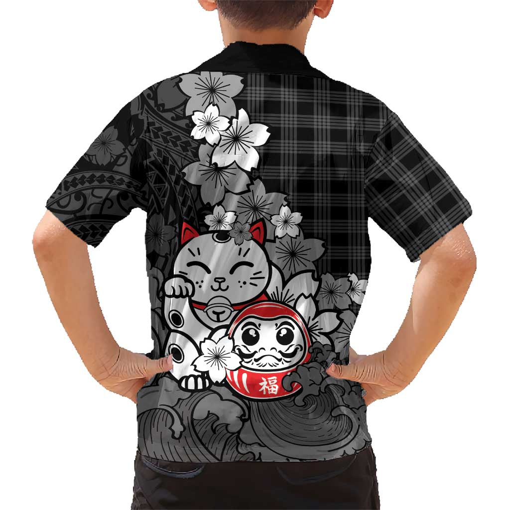 Black Palaka Hawaiian And Japanese Family Matching Puletasi and Hawaiian Shirt Maneki Neko And Sakura Bloom DT05 - Polynesian Pride