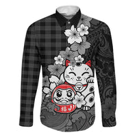 Black Palaka Hawaiian And Japanese Family Matching Summer Maxi Dress and Hawaiian Shirt Maneki Neko And Sakura Bloom DT05 Dad's Shirt - Long Sleeve Black - Polynesian Pride