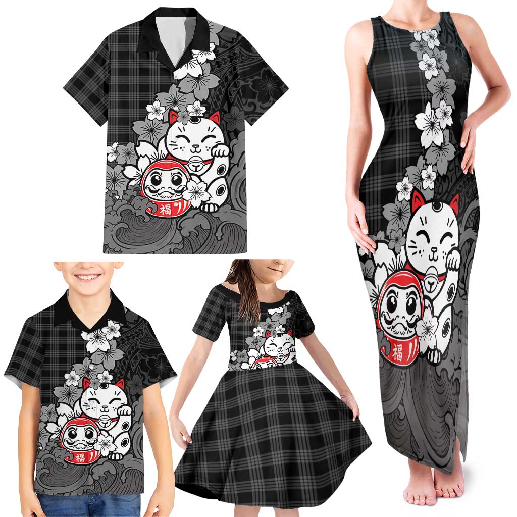 Black Palaka Hawaiian And Japanese Family Matching Tank Maxi Dress and Hawaiian Shirt Maneki Neko And Sakura Bloom