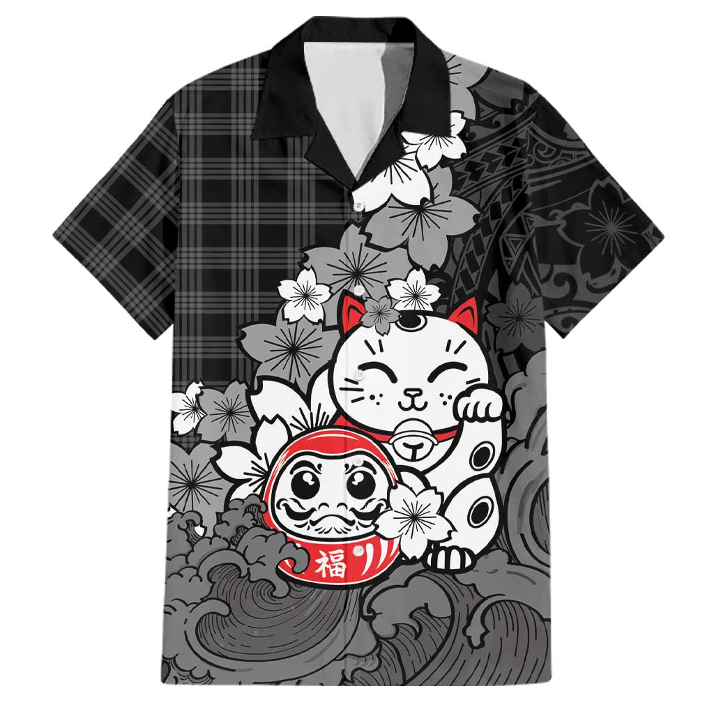 Black Palaka Hawaiian And Japanese Family Matching Tank Maxi Dress and Hawaiian Shirt Maneki Neko And Sakura Bloom DT05 Dad's Shirt - Short Sleeve Black - Polynesian Pride