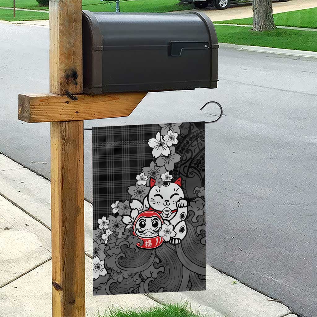 Black Palaka Hawaiian And Japanese Garden Flag Maneki Neko And Sakura Bloom