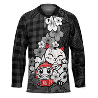 Black Palaka Hawaiian And Japanese Hockey Jersey Maneki Neko And Sakura Bloom