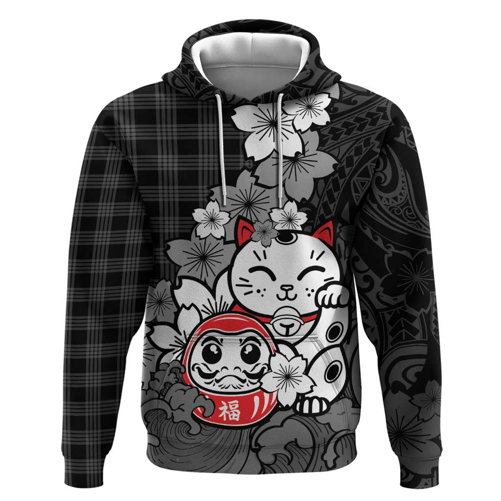 Black Palaka Hawaiian And Japanese Hoodie Maneki Neko And Sakura Bloom