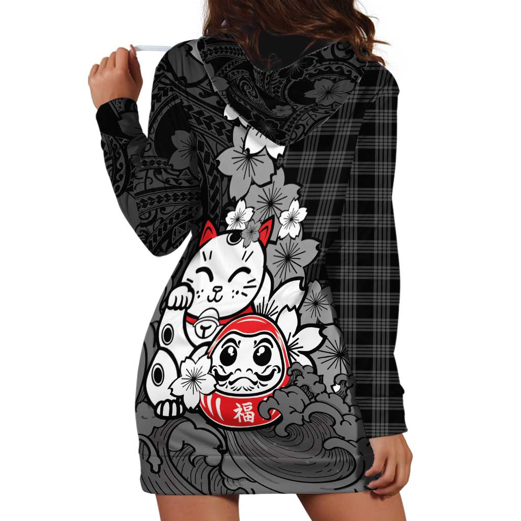 Black Palaka Hawaiian And Japanese Hoodie Dress Maneki Neko And Sakura Bloom
