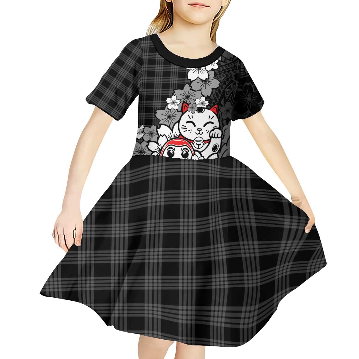 Black Palaka Hawaiian And Japanese Kid Short Sleeve Dress Maneki Neko And Sakura Bloom