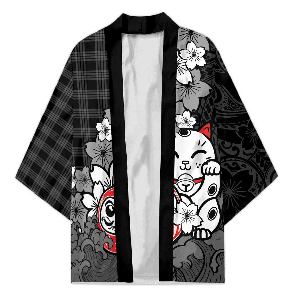 Black Palaka Hawaiian And Japanese Kimono Maneki Neko And Sakura Bloom