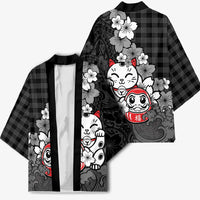 Black Palaka Hawaiian And Japanese Kimono Maneki Neko And Sakura Bloom