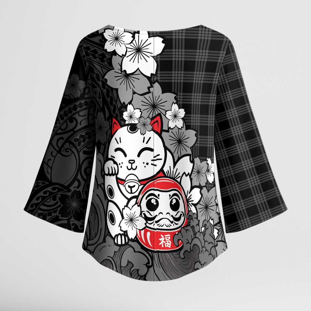 Black Palaka Hawaiian And Japanese Kimono Sleeve Blouse Maneki Neko And Sakura Bloom