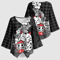 Black Palaka Hawaiian And Japanese Kimono Sleeve Blouse Maneki Neko And Sakura Bloom