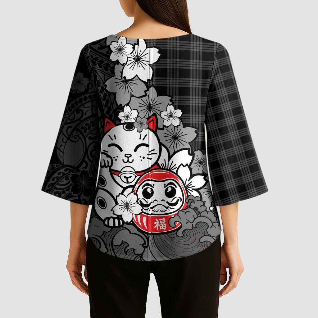 Black Palaka Hawaiian And Japanese Kimono Sleeve Blouse Maneki Neko And Sakura Bloom