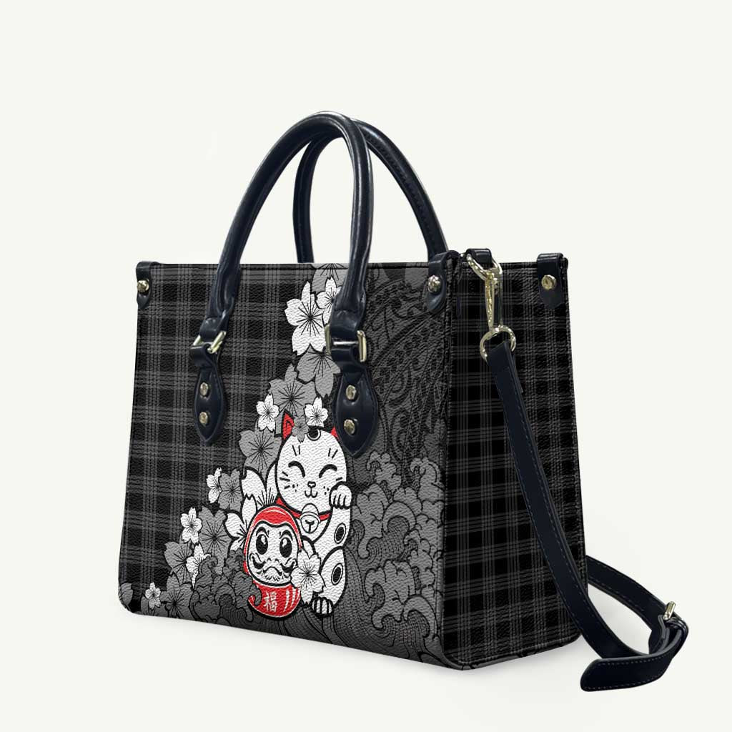 Black Palaka Hawaiian And Japanese Leather Bag Maneki Neko And Sakura Bloom