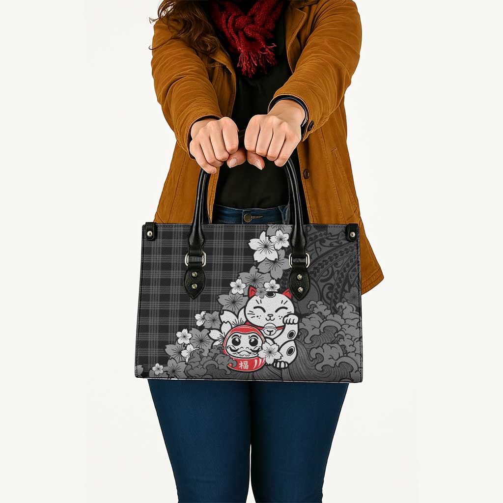 Black Palaka Hawaiian And Japanese Leather Bag Maneki Neko And Sakura Bloom