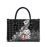 Black Palaka Hawaiian And Japanese Leather Bag Maneki Neko And Sakura Bloom
