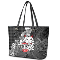 Black Palaka Hawaiian And Japanese Leather Tote Bag Maneki Neko And Sakura Bloom