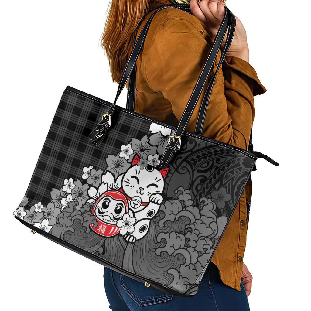 Black Palaka Hawaiian And Japanese Leather Tote Bag Maneki Neko And Sakura Bloom