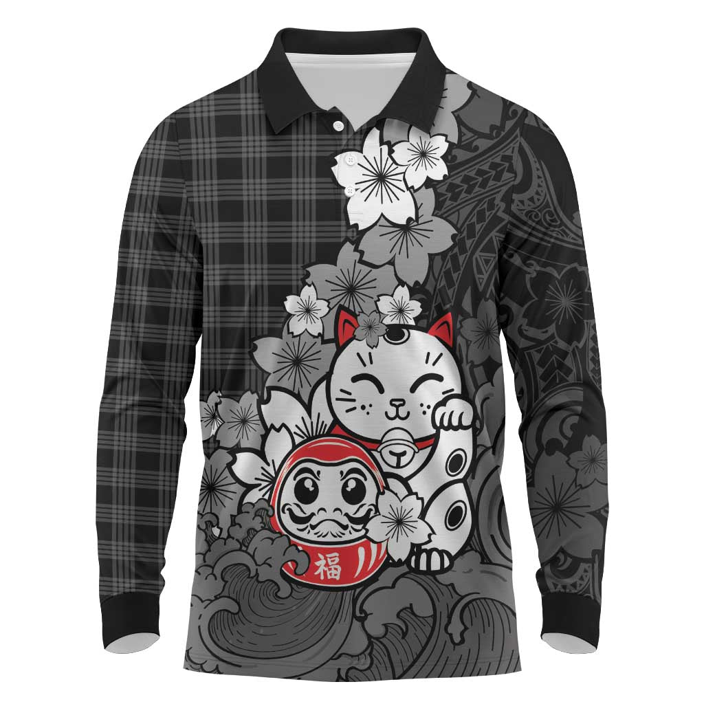 Black Palaka Hawaiian And Japanese Long Sleeve Polo Shirt Maneki Neko And Sakura Bloom
