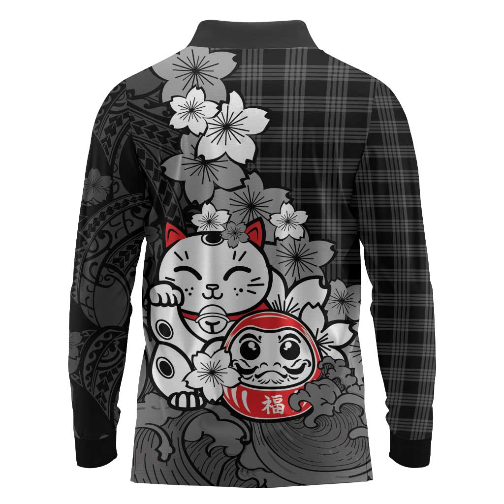 Black Palaka Hawaiian And Japanese Long Sleeve Polo Shirt Maneki Neko And Sakura Bloom
