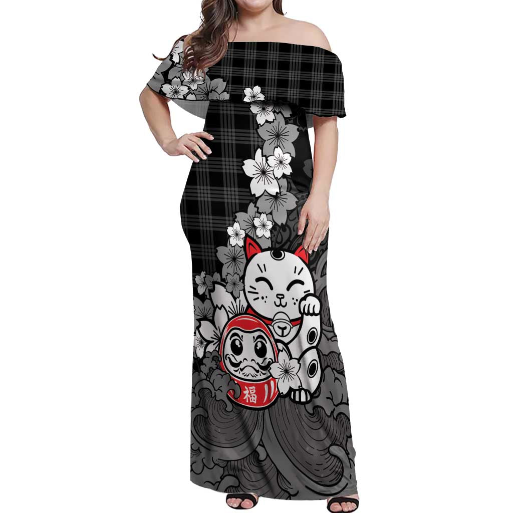 Black Palaka Hawaiian And Japanese Off Shoulder Maxi Dress Maneki Neko And Sakura Bloom