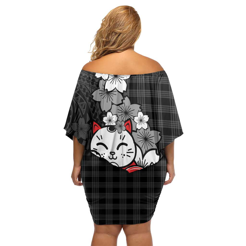 Black Palaka Hawaiian And Japanese Off Shoulder Short Dress Maneki Neko And Sakura Bloom