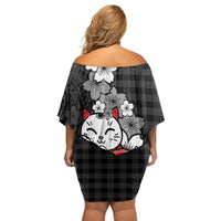 Black Palaka Hawaiian And Japanese Off Shoulder Short Dress Maneki Neko And Sakura Bloom